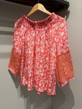 By Design Coral Floral Off-Shoulder Blouse with Crochet Sleeves
